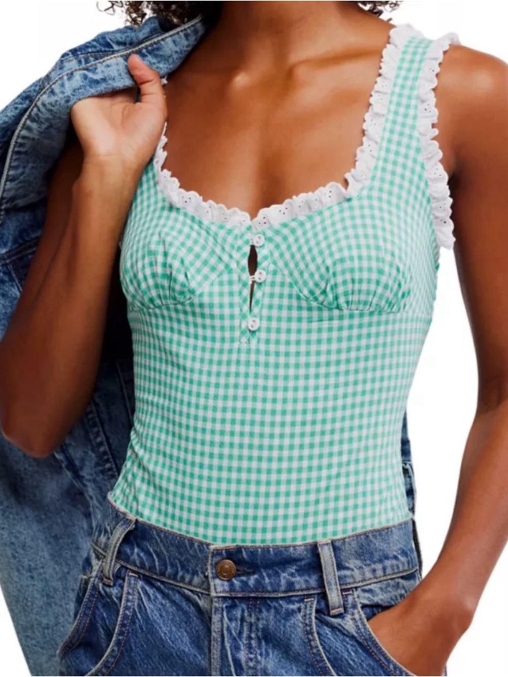 Free People Cassie Gingham Bodysuit Green Lace Trim Small NWOT - Picture 2 of 5